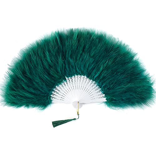 BABEYOND 1920s Marabou Feather Folding Hand Fan - color: Dark Green