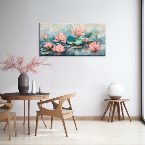 NAN Wind 1Pcs Pink Lotus Flowers Canvas Prints Wall Art Green Leaves and Blooming Water Lilies Framed Wall Decor Ready to Hang Nature-Inspired Floral Decorative Art for Living Room Bedroom Office - color: Pink Lotus-One Piece, size: 16"L x 8"W