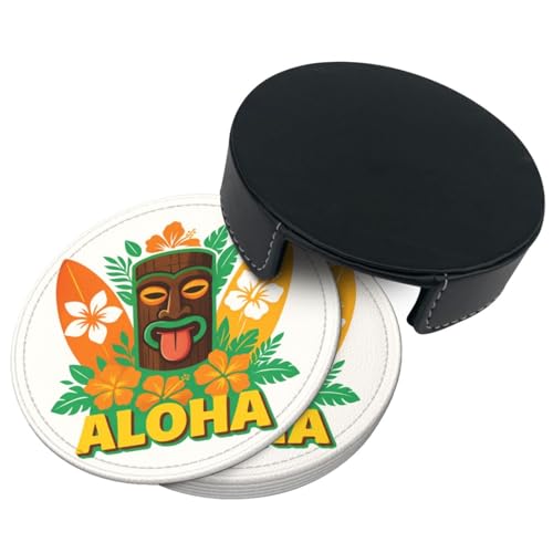 6 Pcs Leather Coasters for Drinks with Holder Hawaii Aloha Tiki Coaster Sets Drink Table Cup Coasters for Kitchen Coffee Decor - color: Aloha Tiki Hawaii