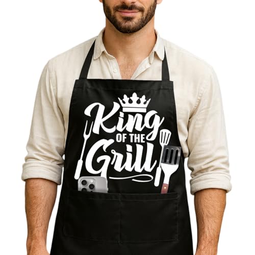 Funny Black Grill Apron with Pockets for Man,Dad,Husband,Father in Law,Chef Daddy Grilling Apron BBQ Cooking Gifts - color: King of Grill