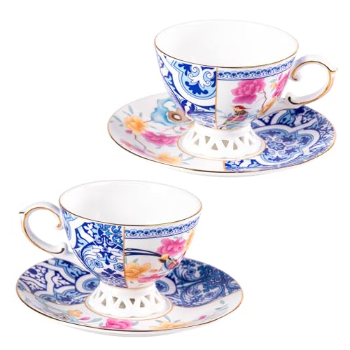 KAMMAK Tea Cups and Saucers Set of 2, Fine Bone China Coffee Cups, GH011 - size: 8KPGH011