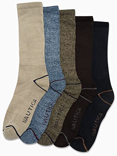 Nautica Mens Crew Socks 5 Pack Moisture Wicking Athletic Work & Dress Socks - color: Brown/Khaki