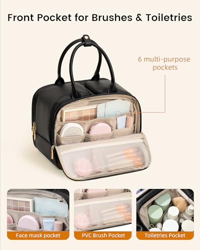 LOVEVOOK Travel Toiletry Bag for women, Leather Large Wide-open Makeup Bag, Waterproof Cosmetic Bag Organizer for Shower, Traveling, Toiletries, Bathroom - color: Khaki