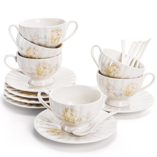 WRINGKIT Tea Cups and Saucers Set of 6, 7 Oz, Microwave Safe - size: Small
