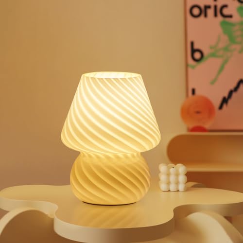 ONEWISH Mushroom Lamp-Small Bedside Table Lamp with Striped Glass, Nightstand Night Light for Bedroom Living Room, 3000K 6.5W Bulb Included, for Christmas Day, Creamy Yellow - color: Yellow