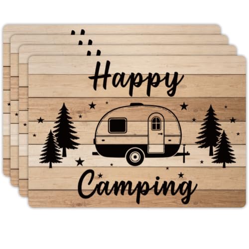 Peacoblue Placemats Set of 4,Faux Leather Camper Van Design - style: Camper Van and Camping Logs