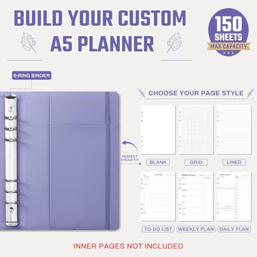 Ovesmusl Aesthetic A5 Binder 6 Ring, PU Leather Refillable Planner Cover - color: Purple-flowers, size: A5