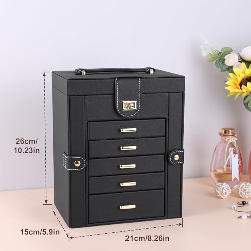 Kendal Jewelry Box, 6-Layer Jewelry Storage Organizer for Necklace Bracelet Rings Watch, 10.2"x8.2"x6" Classic Black PU Leather 5 Drawers Large Storage Capacity with Mirror - color: Black, size: Medium(10.2"x8.2"x6")