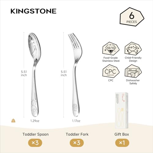 KINGSTONE 6 Pcs Small Toddler Utensils, 18/10 Stainless Steel, Honey Bear - color: Honey Bear, size: 6-Piece (Small)
