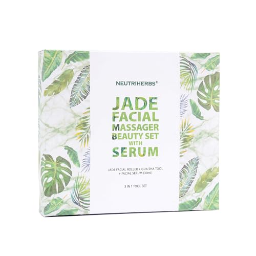 NEUTRIHERBS Jade Gua Sha & Face Roller & Vitamin C Serum Facial Tool Set(3 in 1 Kit), Home Face Massager for Wrinkle,Fine Line,Puffiness,Firm Smooth Relax Skin -- Green - color: Green