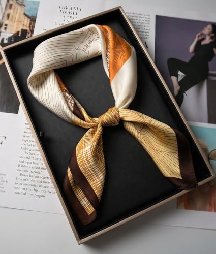 corciova Women’s Square Scarf 27.5 in (70 x 70 cm), Satin-Feel Polyester, Lightweight Fashion Scarf for Hair, Neck and Bag - color: Floral Line Art (Beige / Orange / Brown)