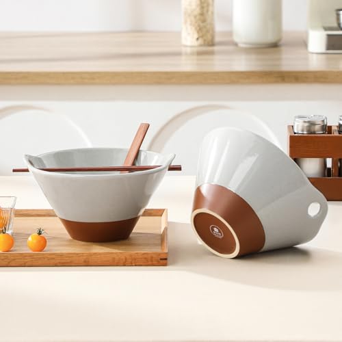 MALACASA 42 oz Ceramic Ramen Bowls with Chopsticks & Spoon, Grey & Khaki - color: Gray and Khaki