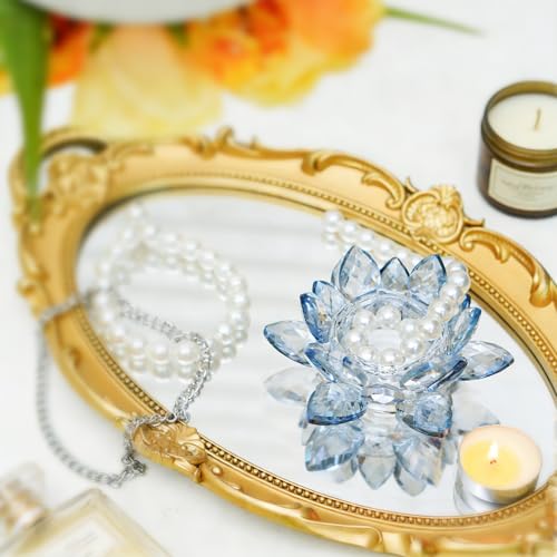 Crystal Lotus Jewelry Tray, 4.3" Floral Trinket Dish for Rings Earrings, Decorative Vanity Dresser Nightstand Organizer, Elegant Gift for Women (Blue) - size: 4.4"(w) - Blue