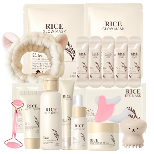 21PCS Rice Skincare Set for Teen Girls & Women, Korean Skin Care Set, Skin Care for Teens 10-12, Hydrating Korean Skincare Set Gifts Birthday Facial Kit for Women