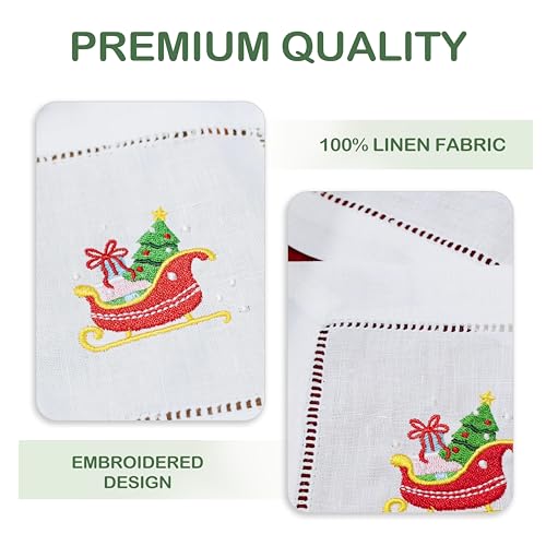 100% Linen Cocktail Napkins with Eembroidery Christmas Sleigh 6 Pack Cloth Coaster for Xmas Parties Kitchen Coffee Bar Gift Ladder Hemstitch Snowy Sleighride Square Fabric Napkins (6"x6") - color: Sleigh
