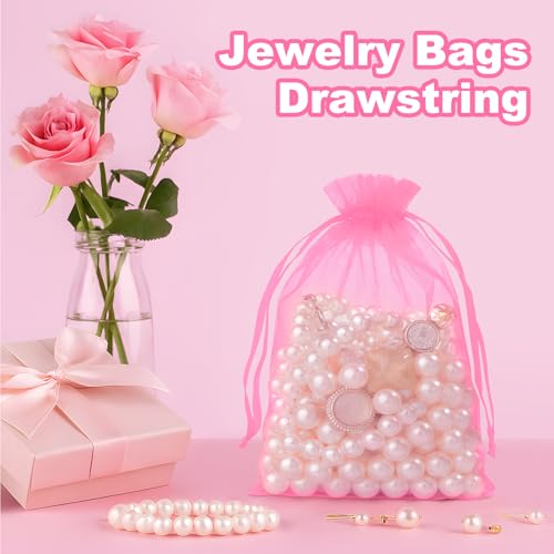 Crweety 50 Pcs Organza Bags 3x4, Pink Small Mesh Gift Bags Drawstring Bulk - color: Pink