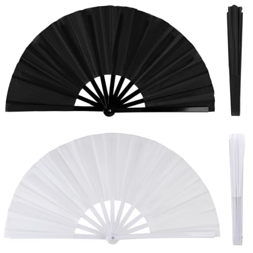 2 Pack Large Folding Hand Fan for Men/Women, Rave Fan Chinese Kung Fu Tai Chi Hand Fan Black Vintage Foldable Hand Fans for Dancing, Festival, Gift, Home Decorations(Black&White) - color: Black&white