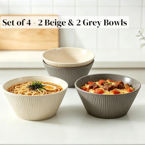 Ceramic Ramen Bowls, 7Inch Soup Bowls, 40OZ, Beige&Grey, Set of 4
