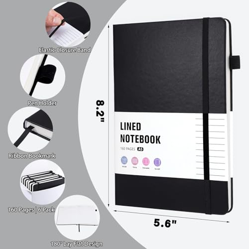Thboxes 6 Pack A5 Lined Journal Notebooks, Hardcover, 160 Pages, Black - color: Black 6pack