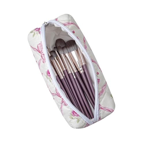 Cute Floral Cotton Makeup Brush Cosmetic Bag for Women, Travel Quilted Zipper Make Up Bag, Flowers Toiletry Organizer Case Kawaii Makeup Cosmetic Travel Cloth Pouch (Pink Bowknot) - color: 05 Pink Bowknot