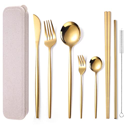 AARAINBOW 8 Pieces Stainless Steel Flatware Set Portable Reusable Cutlery Set Travel Utensils Set Including Chopsticks Knife Fork Spoon Straws Cleaning Brush Dishwasher Safe (Golden) - color: Golden
