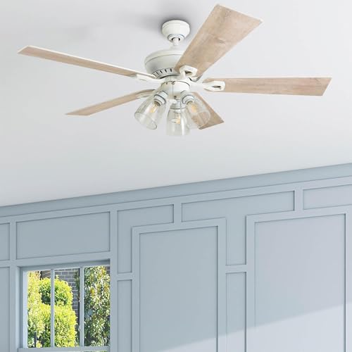 Prominence Home Glenmont 52 Inch Ceiling Fan with LED Light, Pull Chain Control, 5 Blades with Reversible Motor & Tri-Mount Options, Distressed White - color: White