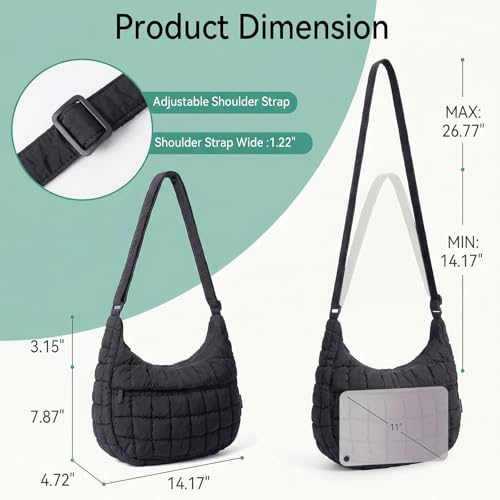 Puffer Crossbody Hobo Bag for Women Nylon Quilted Purse Lightweight Shoulder Handbag with Adjustable Strap - color: 02-black