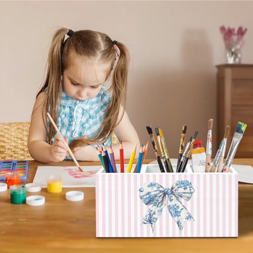 Chinoiserie Blue Bow Pen Holder for Desk, Preppy Pink Striped Pencil Organizer, Girly Bow Aesthetic Wooden Box Sign Desk Decor for Girls Bedroom Dorm Home Office Decoration - color: Blue Bow