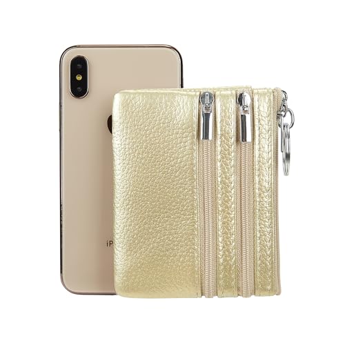Women Genuine Leather Coin Purse Keychain Change Purse - color: Gold