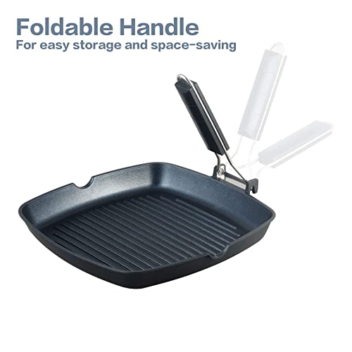 S·KITCHN Grill Pan with Folding Handle, Nonstick Grilling Pan for Stove Tops, Induction Compatible Square KBBQ Pan with Pour Spouts - 9IN - size: 9 IN