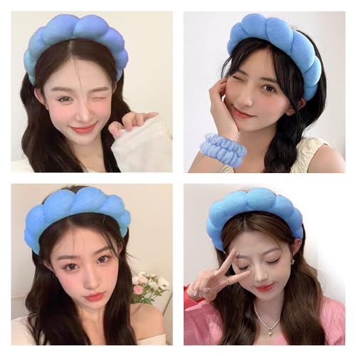 Spa Headbands for Washing Face Wristband Set Sponge Makeup Skincare Headband Wrist Towels Bubble Soft Terry Towel Cloth Hairband for Women Puffy Headwear Non Slip Thick Thin Hair Headwear (Dark blue) - color: Dark blue
