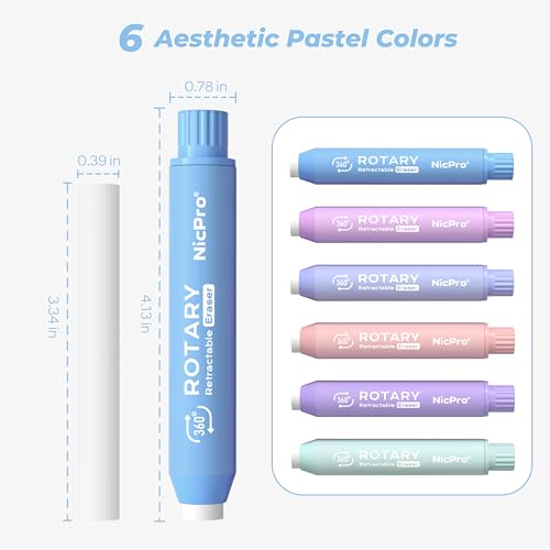 Nicpro 6 Pack Rotary Retractable Erasers, Soft TPE Rubber Twist Eraser - color: Macaron