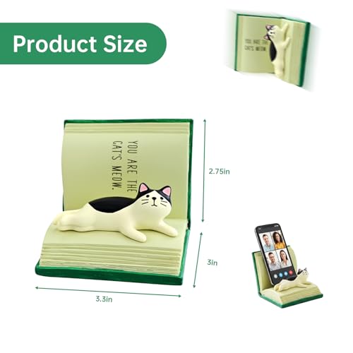 RAQWI Black and White Cat on Green Book, Resin Phone Stand, Desk Decor - color: Green