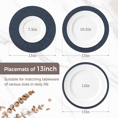 13" Round Placemats Set of 6, Reversible Faux Leather Wipeable Table Mats - color: Navy Blue