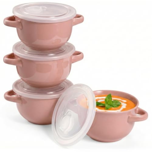 KooK French Onion Soup Crocks with Lids & Handles, Set of 4, Blush - color: Blush