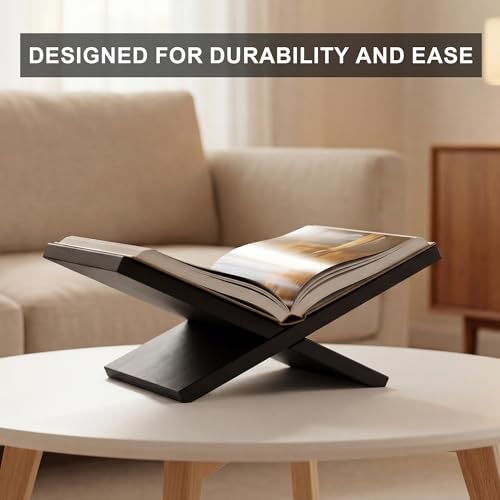 Wooden Book Stand for Display, Large Open Book Holder for Desk - color: Black
