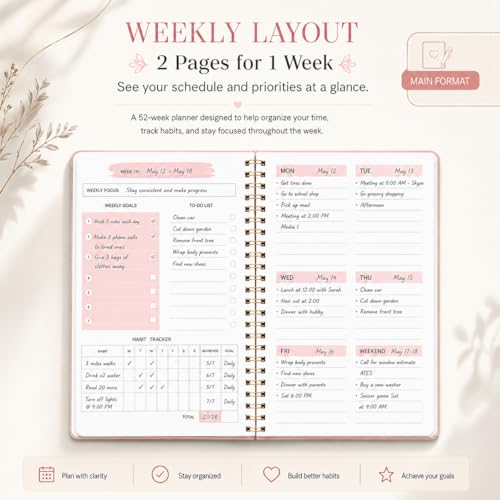 Undated Weekly Planner With Habit Tracker & To Do List 5.7 x 8.0 inch - color: Pink