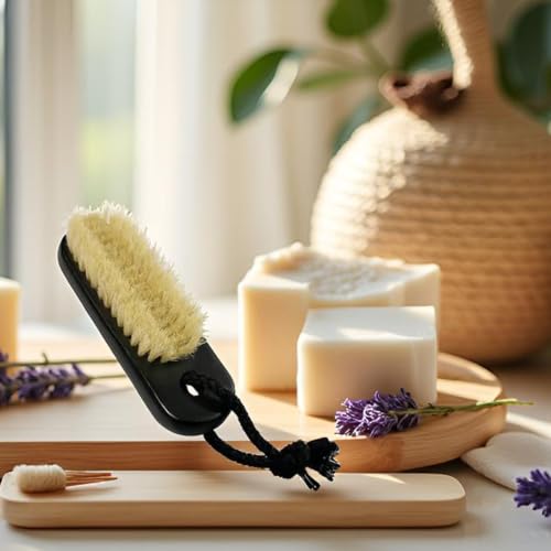 NewFerU Wooden Nail Brush Cleaner Black with 100% Natural Boar Bristles - color: Black Two-sided + With Rope