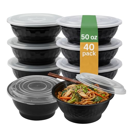 Disposable Noodle Bowls with Lids – 50 oz Microwaveable Ramen & Soup Containers, Leak-Resistant, BPA-Free, Stackable Food Storage for Restaurants & Takeout – 40 Sets - color: Black, size: 50oz