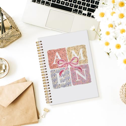 Coquette Pink Bow Amen Christian Spiral Notebook, Notebook for Bible Notes, Church Notes Notebook Journal, Christian Floral Hardcover Notebooks 5.5x8.3 - color: Pink Bow - AMEN