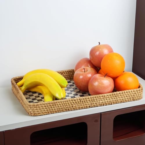 Rectangular Rattan Serving Trays, Set of 3, Black Checkerboard