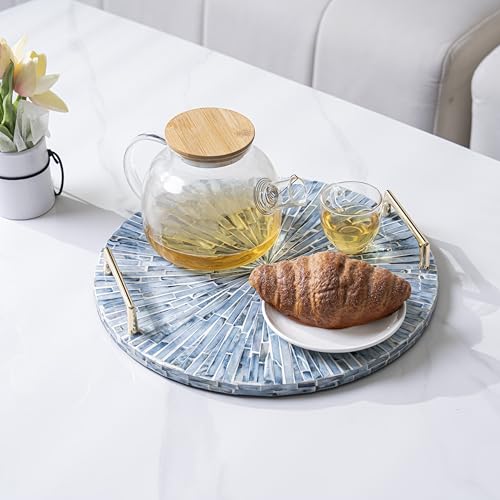 PEMAR Mother of Pearl Decorative Tray, 13" Round Versatile Display and Serving Tray with Gold Handles, Vanity/Perfume/Trinket Catchall for Dresser, Bathroom, Vanity Table (Blue Starburst) - color: Blue Starburst