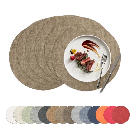 Placemats Set of 6, 15 Inch Round Faux Leather Place Mats - color: R-light Coffee