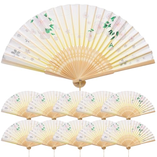 QIRMIZI 10 Pieces Handheld Fans, Silk Folding Fans, Floral Folding Fans for Birthday,Dancing, Cosplay, Weddings, Parties, and Events,Yellow Morning Glory - color: 08 Yellow Morning Glory
