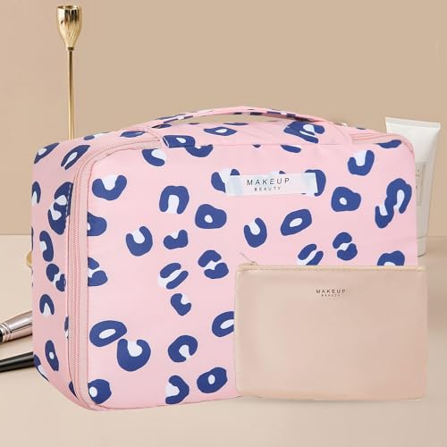 Queboom Travel Makeup Bag Cosmetic Bag Toiletry Bag for Women & Men - color: Pink Leopard-1pcs