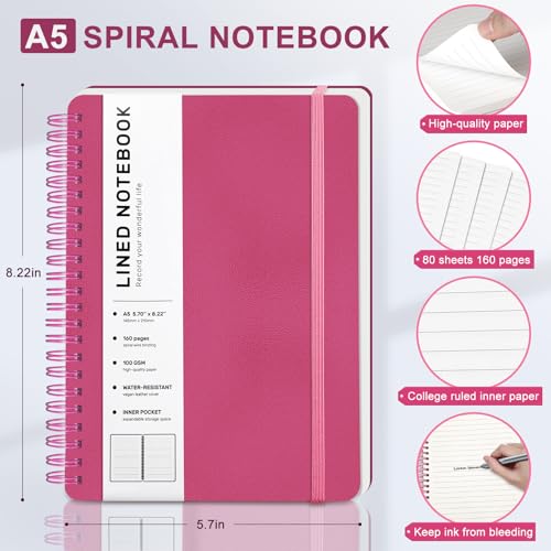 Lined Spiral Notebook for Women, A5 College Ruled Leather Spiral Journals - color: Raspberry White, size: A5