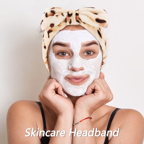 VELSCRUN Spa Headbands for Wash Face, Makeup Headband, Facial Skincare Headbands, 5 Pcs Brown Leopard Puffy Sponge Spa Headband Bow Tie Hair Band Hair Clips Wristband Set Women Girls Accessories - color: Brown Leopard