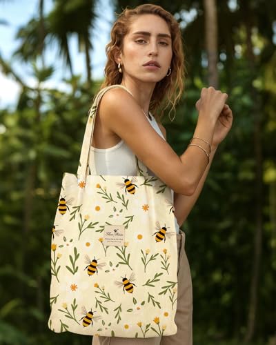 Miss Adola Corduroy Tote Bag for Women Cute Design - color: Beige Flower Bee