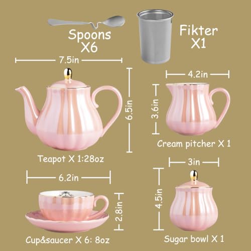 Sweejar Home Porcelain Tea Sets British Royal Series, 8 OZ Cups& Saucer Service for 6, with Teapot Sugar Bowl Cream Pitcher Teaspoons and tea strainer for Tea/Coffee (Coral White) - color: Coral White