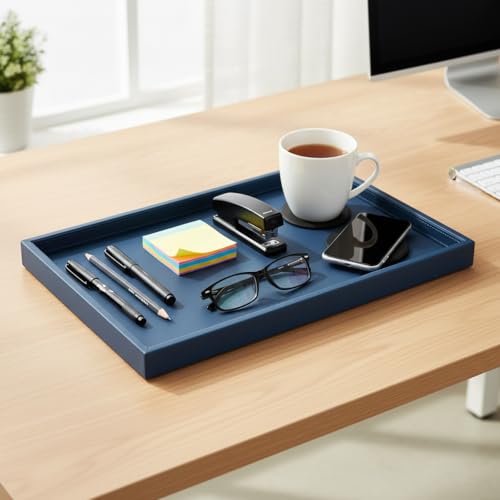 30 * 16 Inch Rectangular Ottoman Tray | Textured PU Leather, Waterproof & Heat-Resistant Storage for Coffee/Dining Tables, Sofa, Bed, Entertainment & Party (Navy Blue, 30 * 16in) - color: Navy Blue, size: 30" x 16" x 1.1"